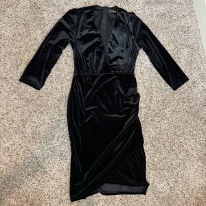 Black velvet quarter sleeve mini dress plunge neck